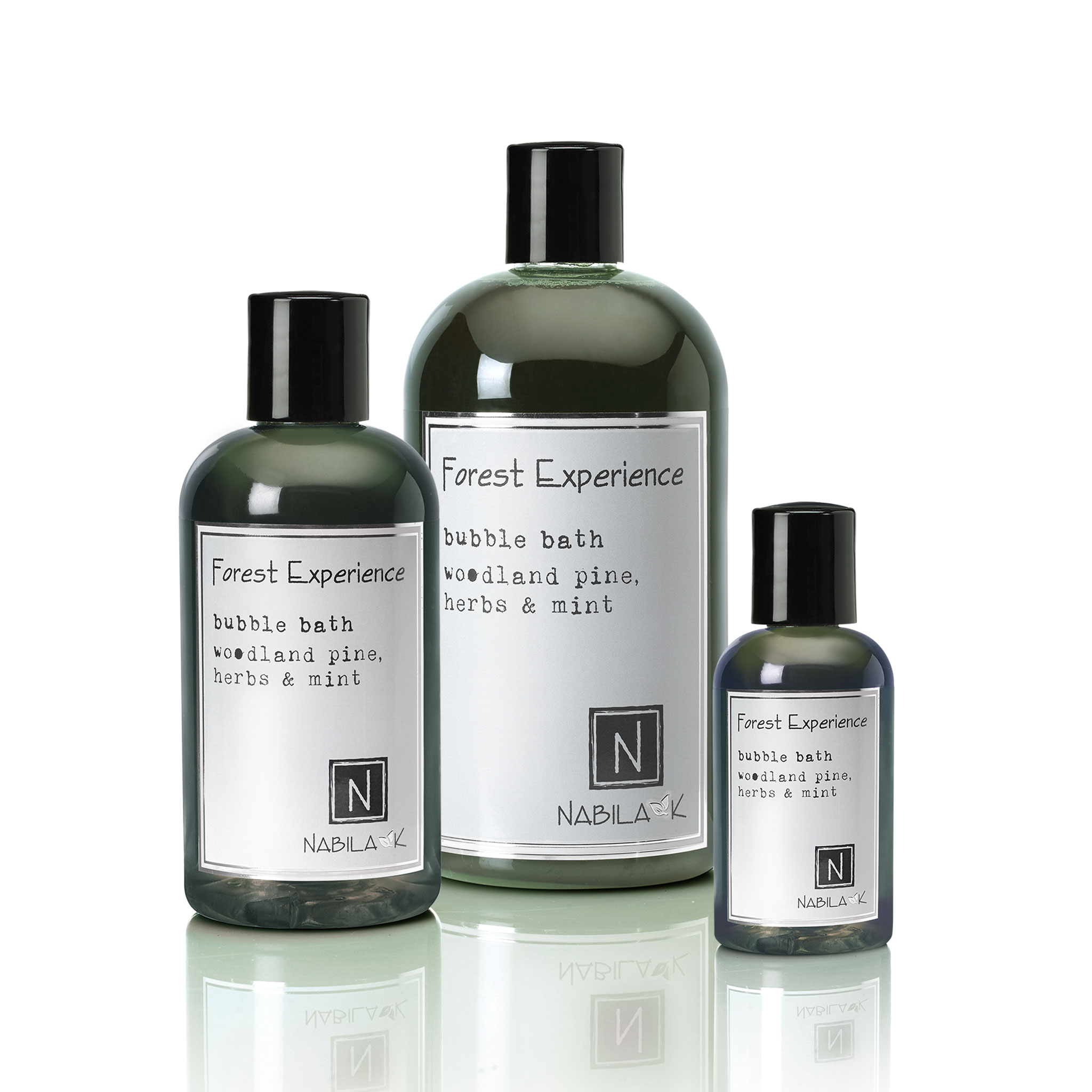 1 2oz bottle and 8oz bottle and 16oz bottle of forest experience bubble bath woodland pine, herbs and mint