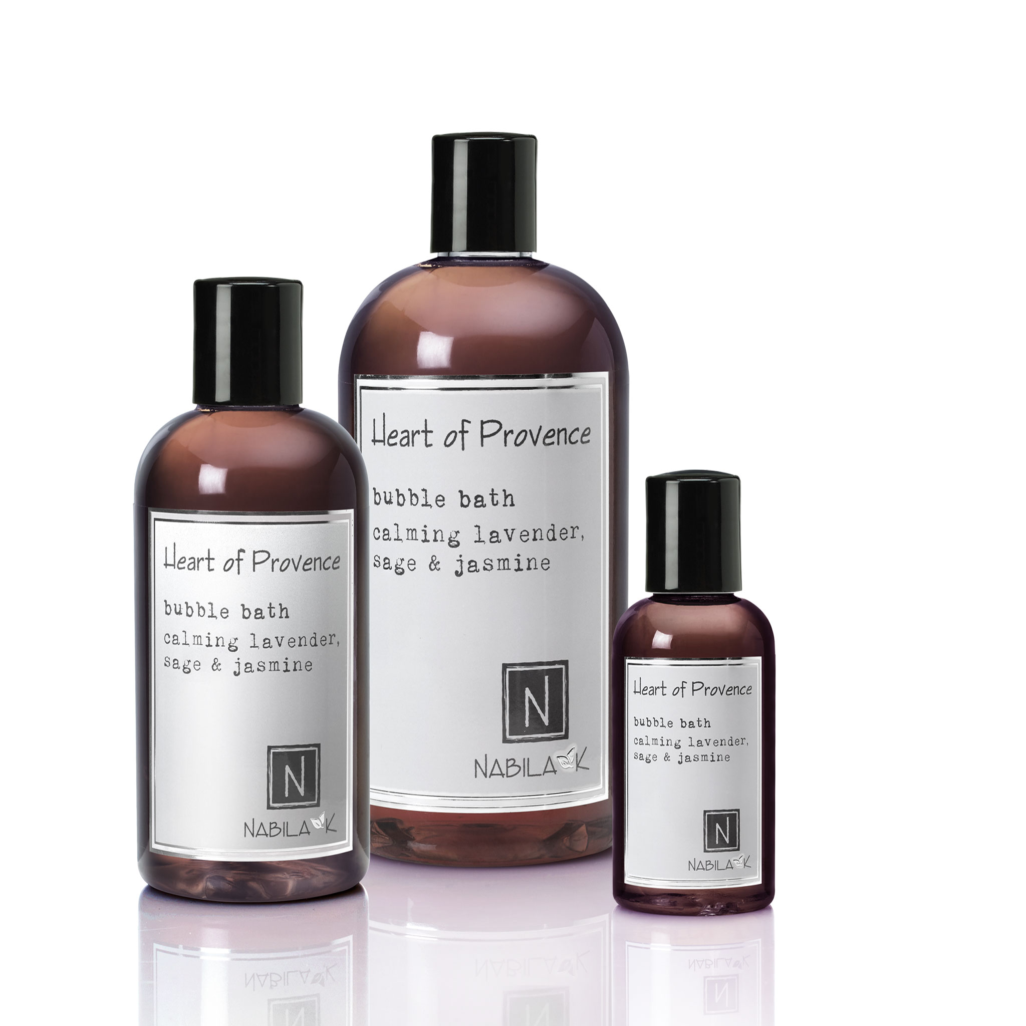 1 2oz bottle and 1 8oz bottle and 1 16oz bottle of heart of provence bubble bath calming lavender sage and jasmine