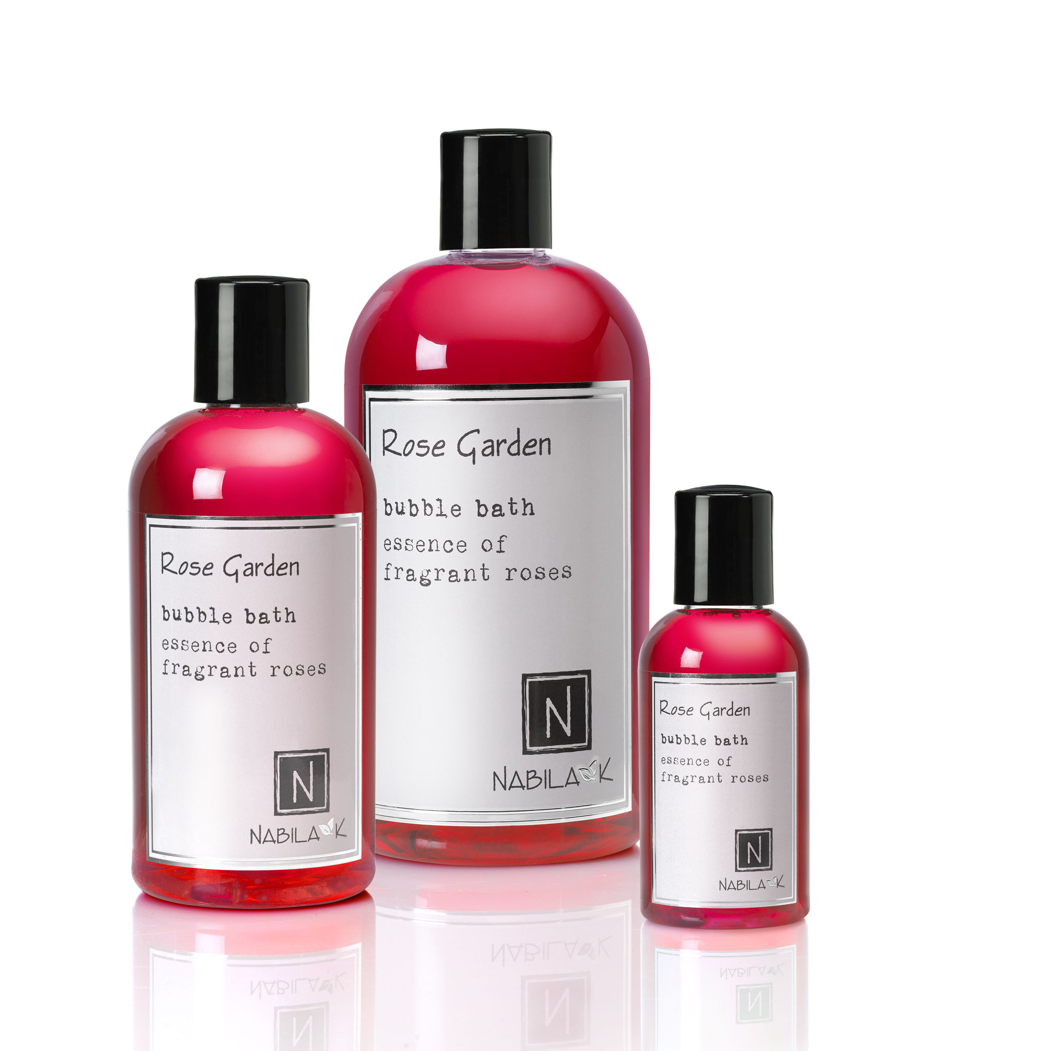 1 2oz and 1 8oz and 1 16oz bottle of rose garden bubble bath essence of fragrant roses